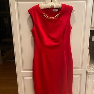 Calvin Klein Red Dress with Gold Chain Accent